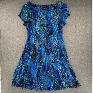 Connected Apparel Dress Blue Abstract Print 10 Petite Short Sleeves Stretchy